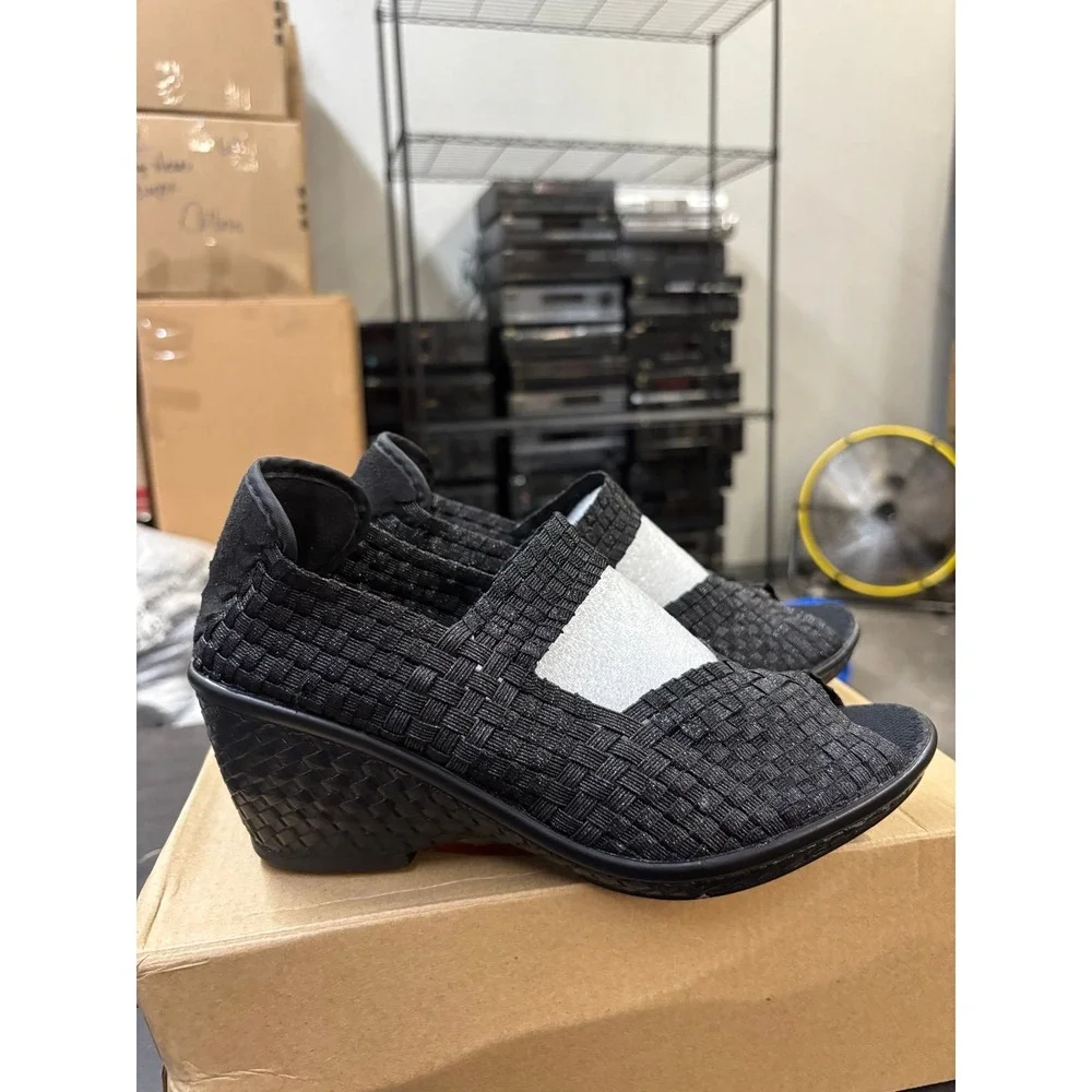 Bernie Mev Lane Black Metallic Woven Wedge Sandals Womens Size 38 US 7-7.5